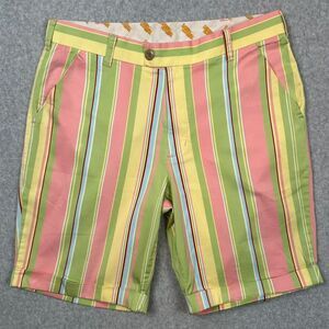 Loud Mouth Golf Shorts Mens 32 Pink Green Vertical Striped Chino 9" Pretty Boy‎